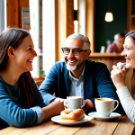 A diverse group of friends, fully clothed in modest and contemporary casual wear, are seated around a wooden table in a cozy, sunlit German cafe interior. They are engaged in lively and authentic conversation, laughing naturally, with coffee cups and pastries on the table, reflecting warmth and camaraderie. The background features blurred cafe decor. professional photography, high resolution, soft focus background, perfect anatomy, correct proportions, natural pose, well-formed hands, proper finger count, natural body proportions, safe for work, appropriate content, fully clothed, family-friendly.
