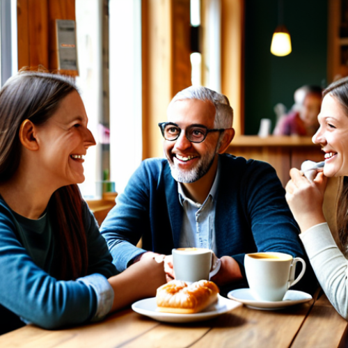 A diverse group of friends, fully clothed in modest and contemporary casual wear, are seated around a wooden table in a cozy, sunlit German cafe interior. They are engaged in lively and authentic conversation, laughing naturally, with coffee cups and pastries on the table, reflecting warmth and camaraderie. The background features blurred cafe decor. professional photography, high resolution, soft focus background, perfect anatomy, correct proportions, natural pose, well-formed hands, proper finger count, natural body proportions, safe for work, appropriate content, fully clothed, family-friendly.