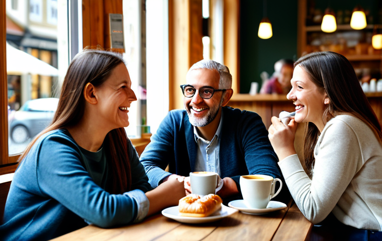 A diverse group of friends, fully clothed in modest and contemporary casual wear, are seated around a wooden table in a cozy, sunlit German cafe interior. They are engaged in lively and authentic conversation, laughing naturally, with coffee cups and pastries on the table, reflecting warmth and camaraderie. The background features blurred cafe decor. professional photography, high resolution, soft focus background, perfect anatomy, correct proportions, natural pose, well-formed hands, proper finger count, natural body proportions, safe for work, appropriate content, fully clothed, family-friendly.
