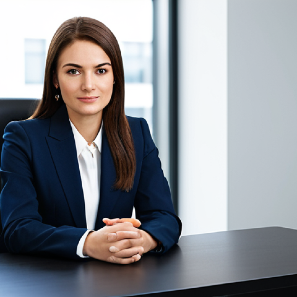 **

A professional businesswoman in a modest business suit, sitting at a desk in a modern office. Fully clothed, appropriate attire, safe for work. Perfect anatomy, natural proportions, professional photography, high quality.

**