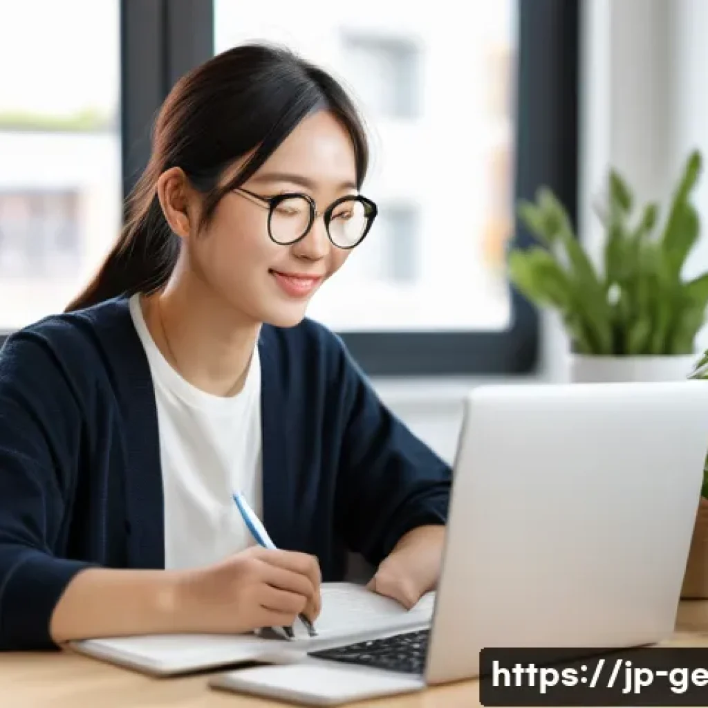 독일어 온라인 강의 추천 - A cozy modern online language classroom setting featuring a young Japanese adult woman studying Germ...
