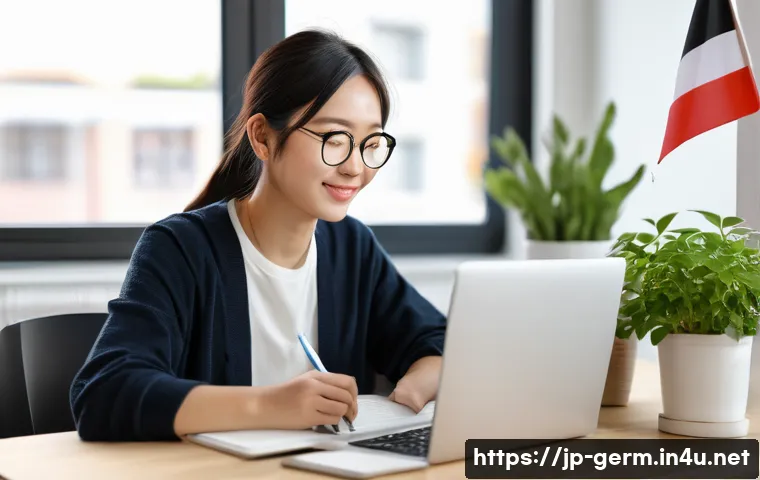독일어 온라인 강의 추천 - A cozy modern online language classroom setting featuring a young Japanese adult woman studying Germ...