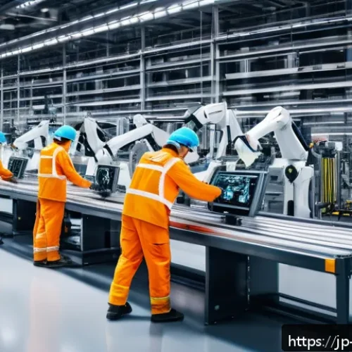 독일어 경제 관련 용어 - A high-tech German smart factory interior featuring advanced AI-powered robotic arms collaborating w...