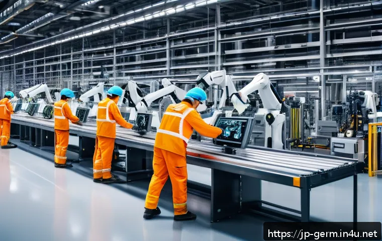 독일어 경제 관련 용어 - A high-tech German smart factory interior featuring advanced AI-powered robotic arms collaborating w...