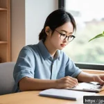 독일어 시험 전날 준비 방법 - A focused Japanese student sitting at a tidy desk in a cozy, modern room with natural daylight strea...