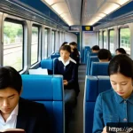 독일어권 문화 차이 - A serene public transportation scene in a German-speaking country showing a quiet train interior wit...