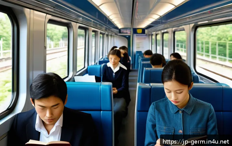 독일어권 문화 차이 - A serene public transportation scene in a German-speaking country showing a quiet train interior wit...