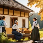 독일어 방언과 지역별 차이 - A warm and inviting southern German village scene in Bavaria during early autumn, featuring locals d...