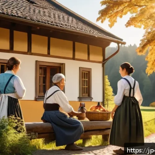 독일어 방언과 지역별 차이 - A warm and inviting southern German village scene in Bavaria during early autumn, featuring locals d...