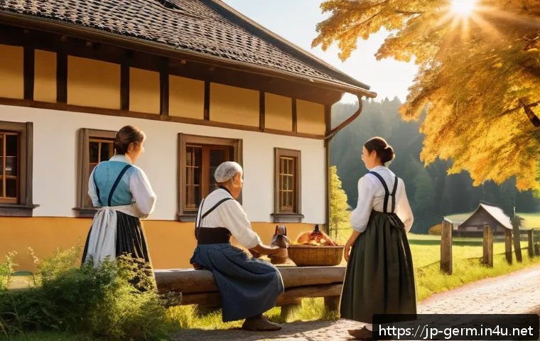 독일어 방언과 지역별 차이 - A warm and inviting southern German village scene in Bavaria during early autumn, featuring locals d...