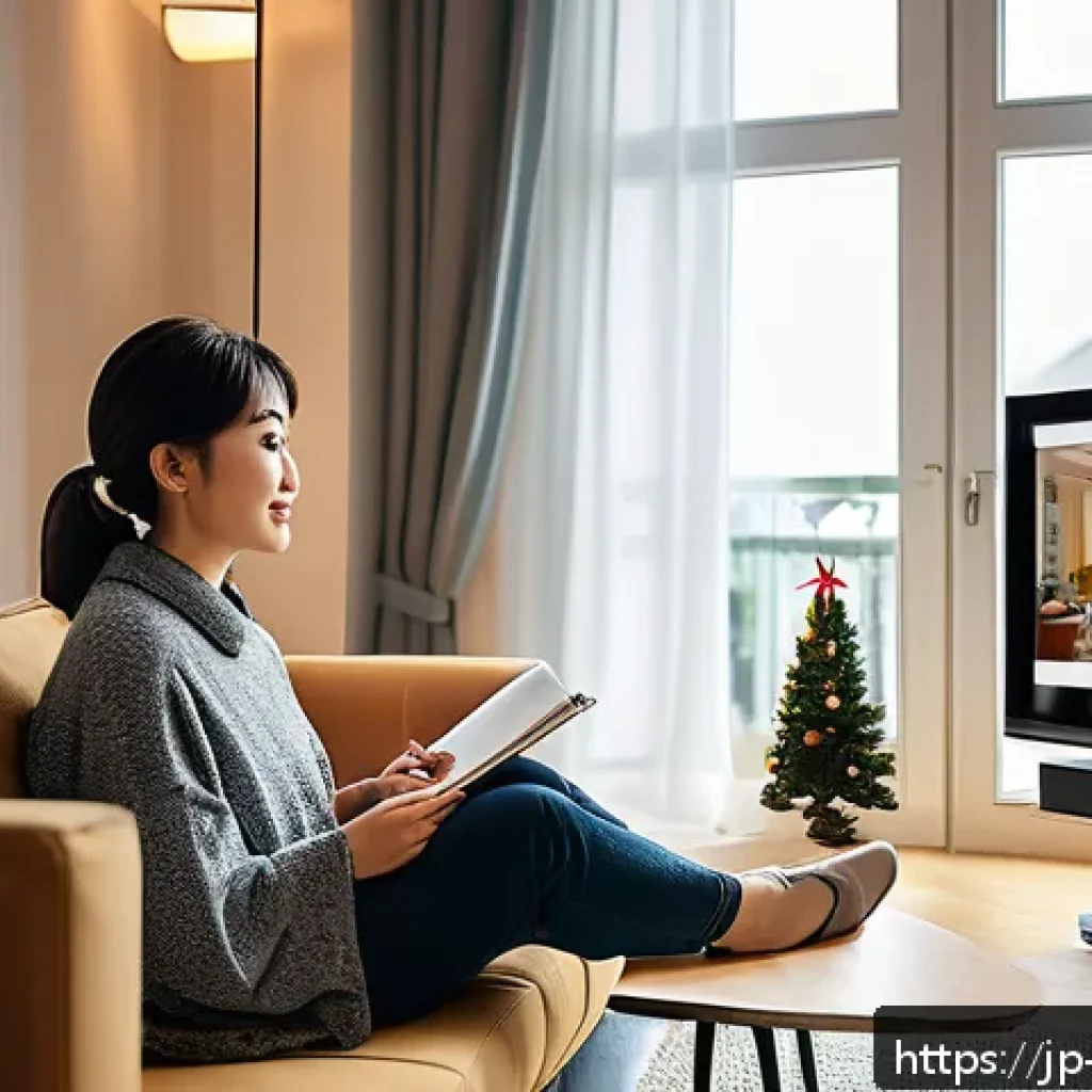 독일어 드라마 및 영화 추천 - A cozy living room scene featuring a young Japanese woman comfortably watching a German comedy famil...