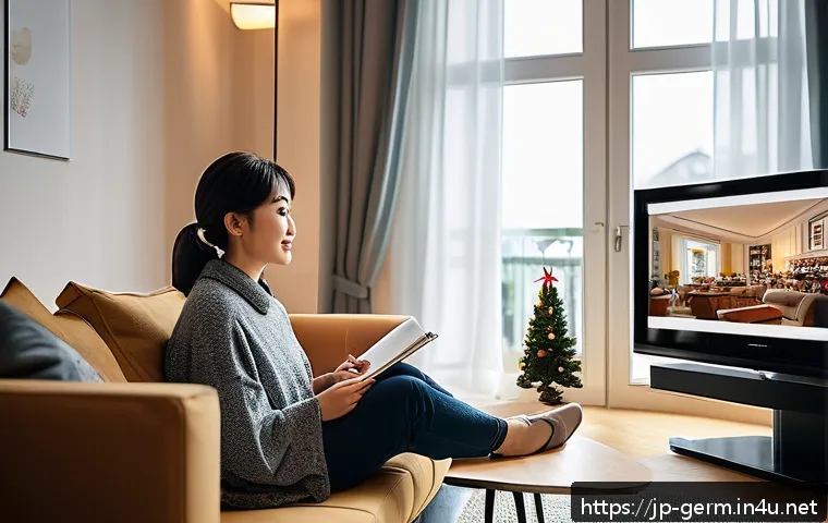 독일어 드라마 및 영화 추천 - A cozy living room scene featuring a young Japanese woman comfortably watching a German comedy famil...