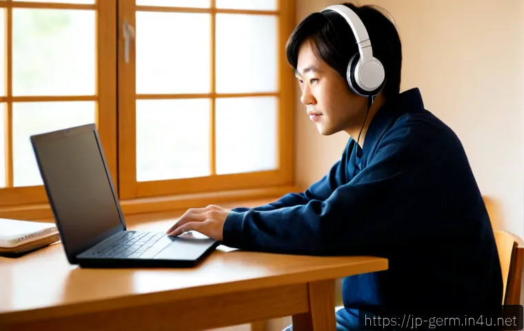 독일어 스피킹 연습 사이트 - Photorealistic home study scene of a Japanese adult practicing German conversation on a laptop with ...