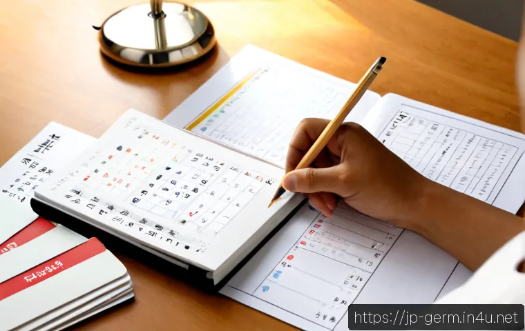 독일어 동사 변화 규칙 - Photorealistic overhead study desk scene for learning German verb conjugation rules, an open blank w...