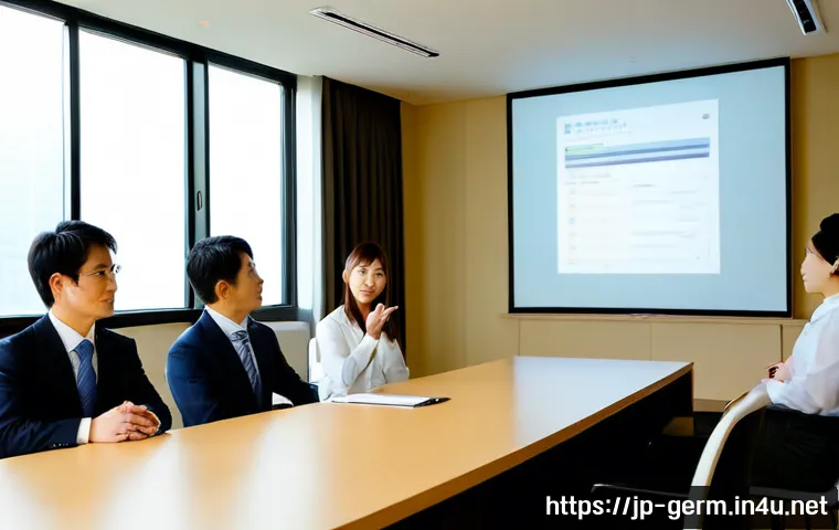 독일어 프레젠테이션 용어 - Photorealistic business training scene in a modern Tokyo office, a Japanese professional confidently...